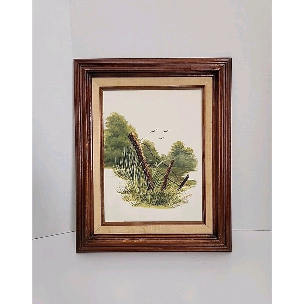 Vintage Rural Landscape Fence Bobwire Oil Painting Canvas framed Ornate 17"X14"